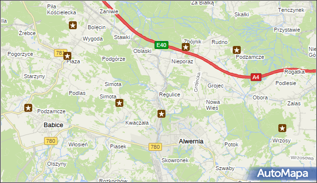 mapa Regulice gmina Alwernia, Regulice gmina Alwernia na mapie Targeo