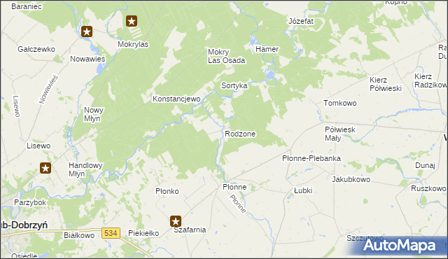 mapa Rodzone gmina Radomin, Rodzone gmina Radomin na mapie Targeo