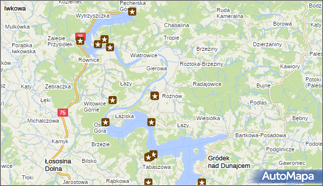 mapa Rożnów gmina Gródek nad Dunajcem, Rożnów gmina Gródek nad Dunajcem na mapie Targeo