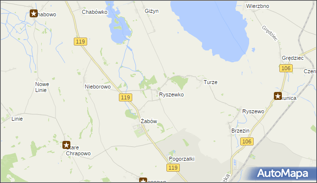 mapa Ryszewko gmina Pyrzyce, Ryszewko gmina Pyrzyce na mapie Targeo