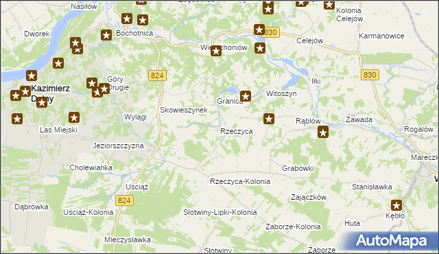 mapa Rzeczyca gmina Kazimierz Dolny, Rzeczyca gmina Kazimierz Dolny na mapie Targeo