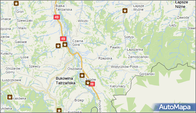 mapa Rzepiska gmina Bukowina Tatrzańska, Rzepiska gmina Bukowina Tatrzańska na mapie Targeo