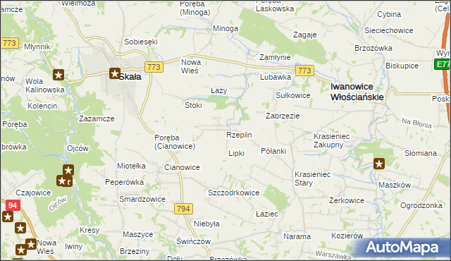mapa Rzeplin gmina Skała, Rzeplin gmina Skała na mapie Targeo