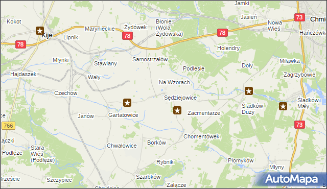 mapa Sędziejowice gmina Chmielnik, Sędziejowice gmina Chmielnik na mapie Targeo