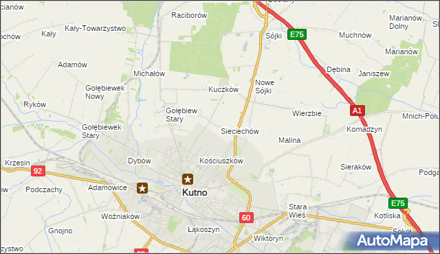 mapa Sieciechów gmina Kutno, Sieciechów gmina Kutno na mapie Targeo