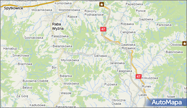 mapa Sieniawa gmina Raba Wyżna, Sieniawa gmina Raba Wyżna na mapie Targeo