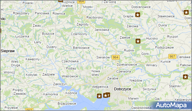 mapa Sieraków gmina Dobczyce, Sieraków gmina Dobczyce na mapie Targeo