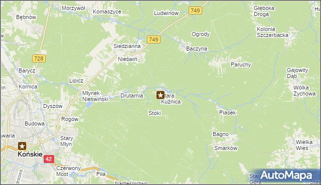 mapa Stara Kuźnica gmina Końskie, Stara Kuźnica gmina Końskie na mapie Targeo