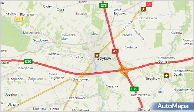 mapa Stryków powiat zgierski, Stryków powiat zgierski na mapie Targeo