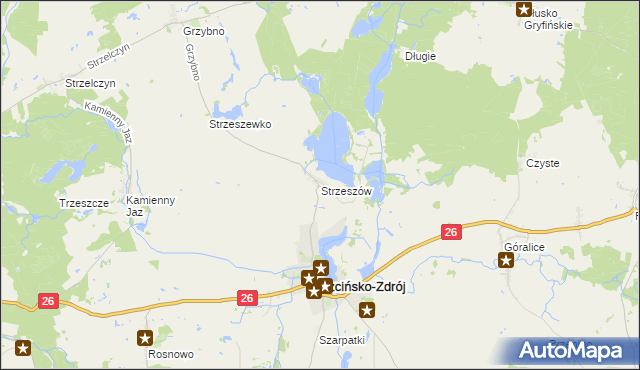 mapa Strzeszów gmina Trzcińsko-Zdrój, Strzeszów gmina Trzcińsko-Zdrój na mapie Targeo