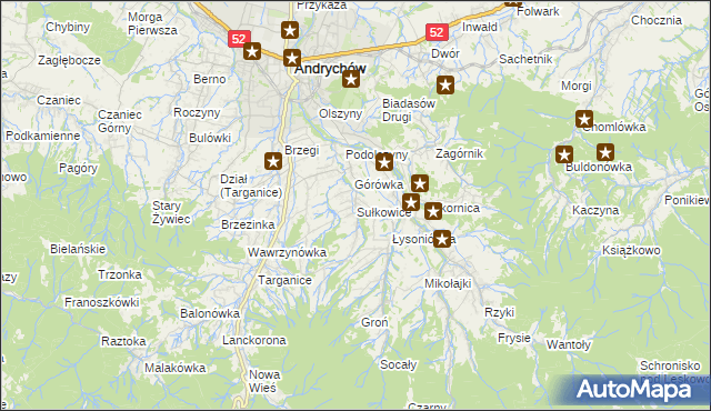 mapa Sułkowice gmina Andrychów, Sułkowice gmina Andrychów na mapie Targeo