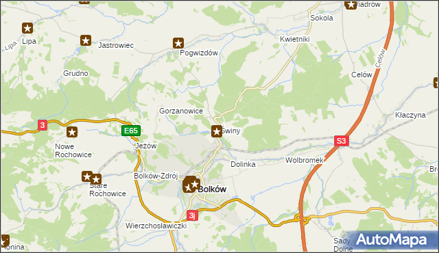 mapa Świny gmina Bolków, Świny gmina Bolków na mapie Targeo