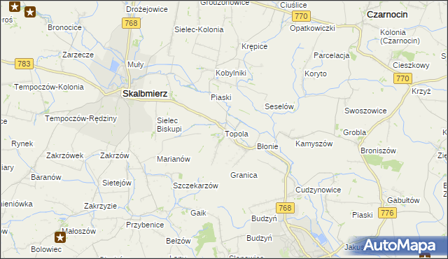mapa Topola gmina Skalbmierz, Topola gmina Skalbmierz na mapie Targeo