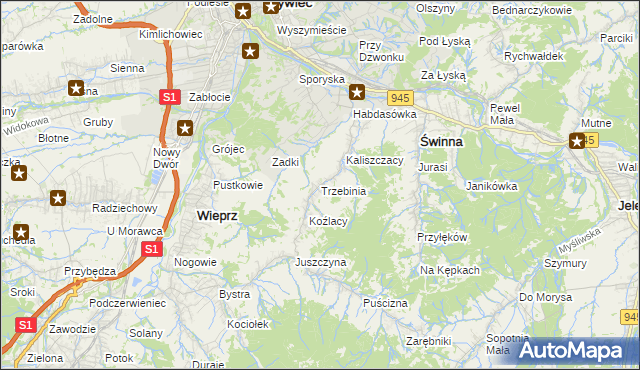 mapa Trzebinia gmina Świnna, Trzebinia gmina Świnna na mapie Targeo