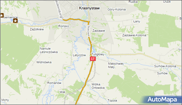 mapa Tuligłowy gmina Krasnystaw, Tuligłowy gmina Krasnystaw na mapie Targeo