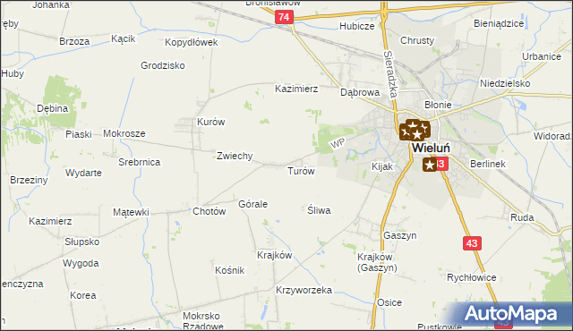 mapa Turów gmina Wieluń, Turów gmina Wieluń na mapie Targeo