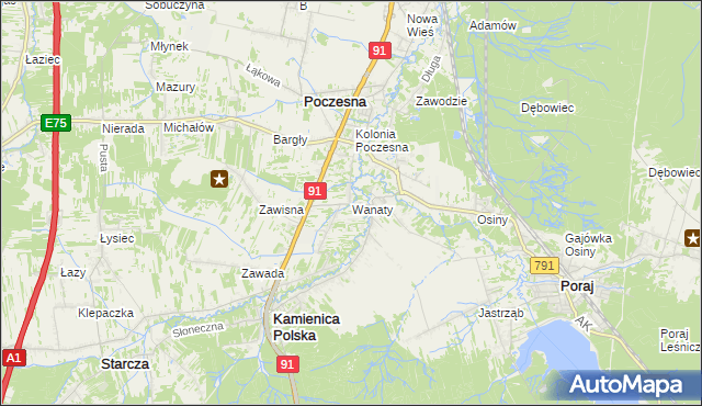 mapa Wanaty gmina Kamienica Polska, Wanaty gmina Kamienica Polska na mapie Targeo