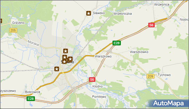 mapa Warszkowo gmina Sławno, Warszkowo gmina Sławno na mapie Targeo