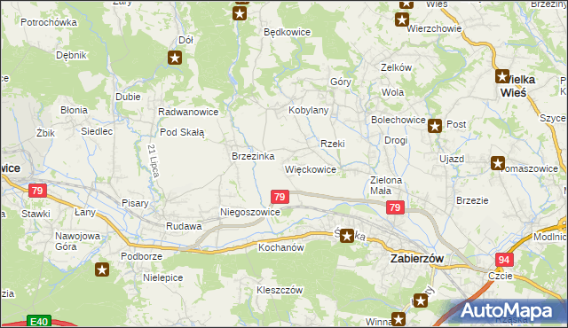 mapa Więckowice gmina Zabierzów, Więckowice gmina Zabierzów na mapie Targeo