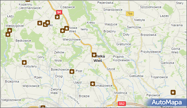 mapa Wielka Wieś powiat krakowski, Wielka Wieś powiat krakowski na mapie Targeo