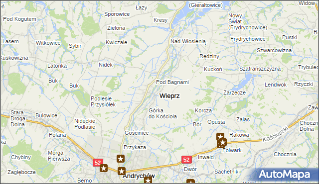 mapa Wieprz powiat wadowicki, Wieprz powiat wadowicki na mapie Targeo