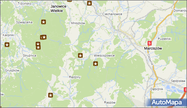 mapa Wieściszowice, Wieściszowice na mapie Targeo