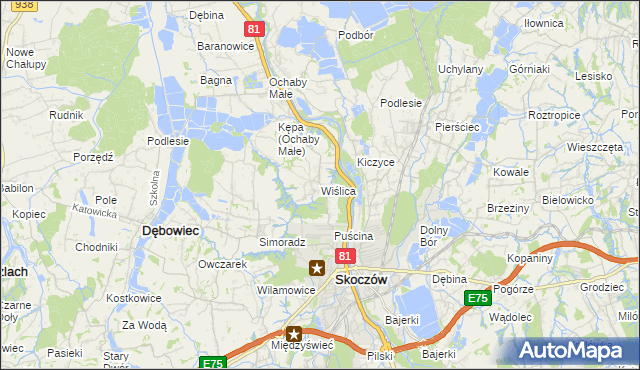 mapa Wiślica gmina Skoczów, Wiślica gmina Skoczów na mapie Targeo