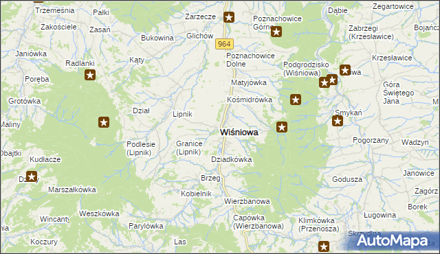 mapa Wiśniowa powiat myślenicki, Wiśniowa powiat myślenicki na mapie Targeo