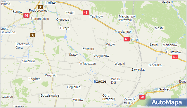 mapa Wygiełzów gmina Irządze, Wygiełzów gmina Irządze na mapie Targeo