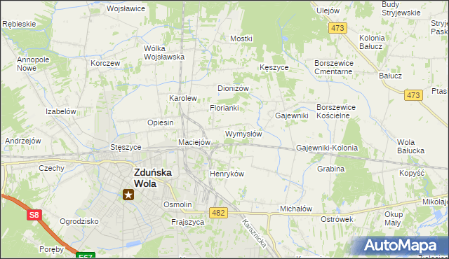 mapa Wymysłów gmina Zduńska Wola, Wymysłów gmina Zduńska Wola na mapie Targeo