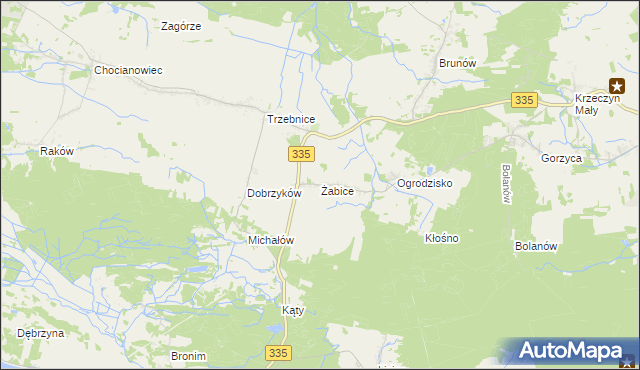 mapa Żabice gmina Chocianów, Żabice gmina Chocianów na mapie Targeo