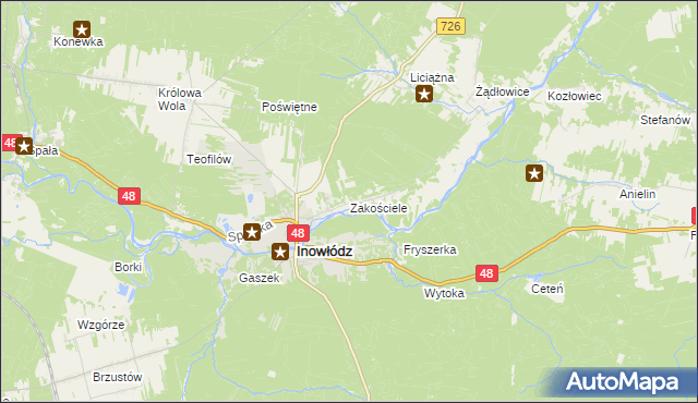 mapa Zakościele gmina Inowłódz, Zakościele gmina Inowłódz na mapie Targeo