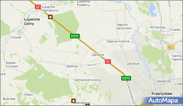 mapa Zakręcie gmina Krasnystaw, Zakręcie gmina Krasnystaw na mapie Targeo