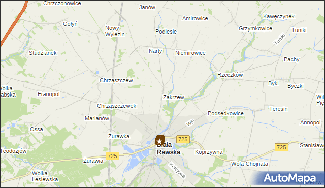 mapa Zakrzew gmina Biała Rawska, Zakrzew gmina Biała Rawska na mapie Targeo