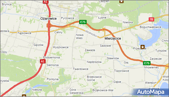 mapa Zawada gmina Mierzęcice, Zawada gmina Mierzęcice na mapie Targeo