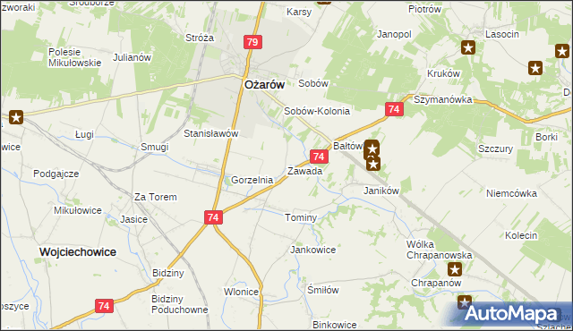 mapa Zawada gmina Ożarów, Zawada gmina Ożarów na mapie Targeo