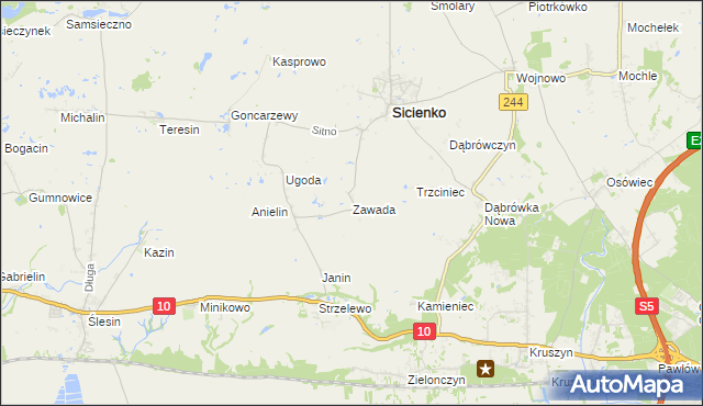 mapa Zawada gmina Sicienko, Zawada gmina Sicienko na mapie Targeo