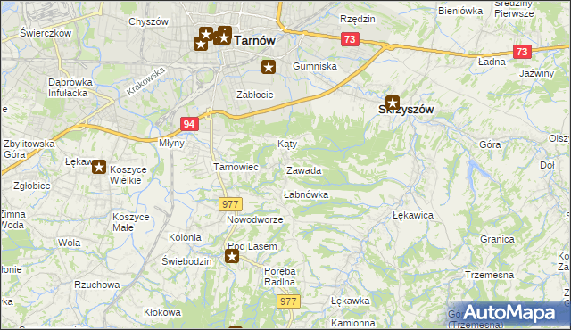 mapa Zawada gmina Tarnów, Zawada gmina Tarnów na mapie Targeo