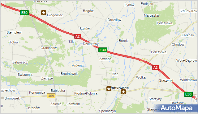 mapa Zawada gmina Wartkowice, Zawada gmina Wartkowice na mapie Targeo