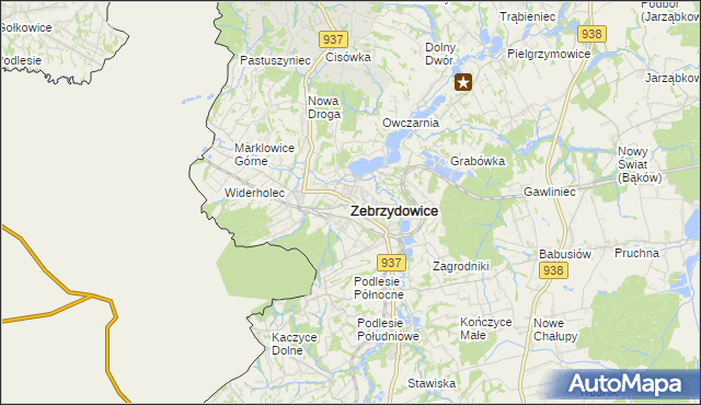 mapa Zebrzydowice powiat cieszyński, Zebrzydowice powiat cieszyński na mapie Targeo