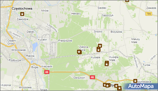 mapa Zielona Góra gmina Olsztyn, Zielona Góra gmina Olsztyn na mapie Targeo
