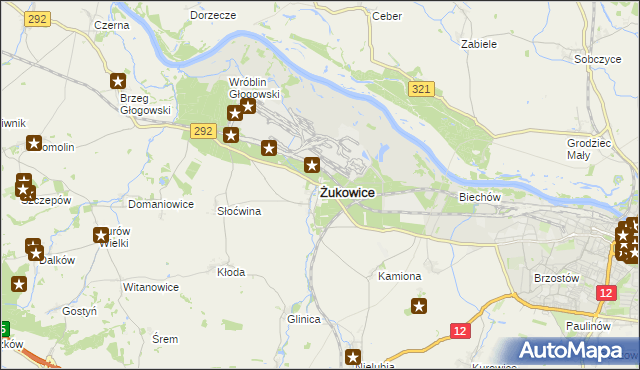 mapa Żukowice powiat głogowski, Żukowice powiat głogowski na mapie Targeo