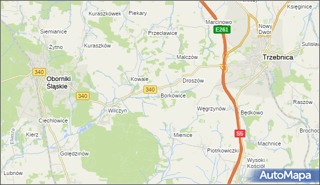 mapa Borkowice gmina Oborniki Śląskie, Borkowice gmina Oborniki Śląskie na mapie Targeo