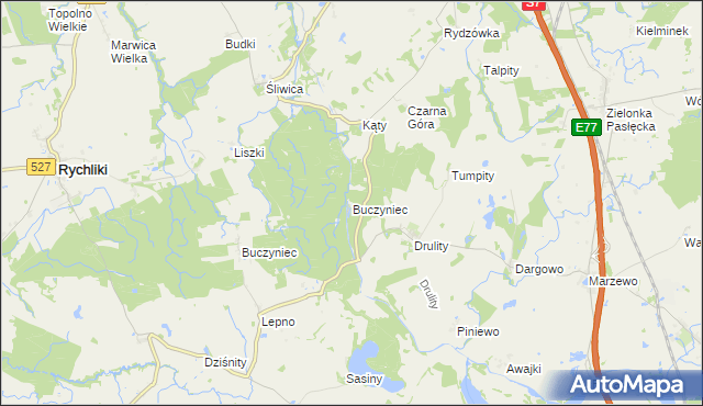 mapa Buczyniec gmina Pasłęk, Buczyniec gmina Pasłęk na mapie Targeo