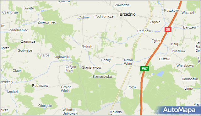 mapa Gozdy gmina Brzeźnio, Gozdy gmina Brzeźnio na mapie Targeo