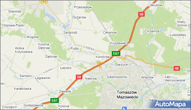 mapa Komorów gmina Tomaszów Mazowiecki, Komorów gmina Tomaszów Mazowiecki na mapie Targeo