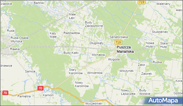 mapa Michałów gmina Puszcza Mariańska, Michałów gmina Puszcza Mariańska na mapie Targeo