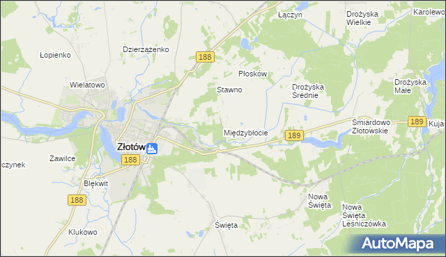 mapa Międzybłocie gmina Złotów, Międzybłocie gmina Złotów na mapie Targeo