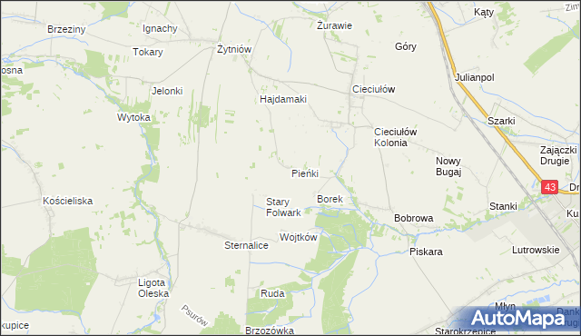mapa Pieńki gmina Rudniki, Pieńki gmina Rudniki na mapie Targeo