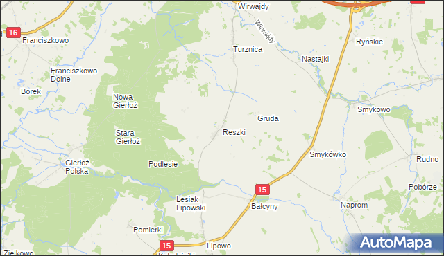 mapa Reszki gmina Ostróda, Reszki gmina Ostróda na mapie Targeo